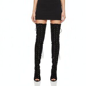 FTF Nadia Black Faux Suede Lace Up Thigh High Open Point Peep Toe Heel Boots 11